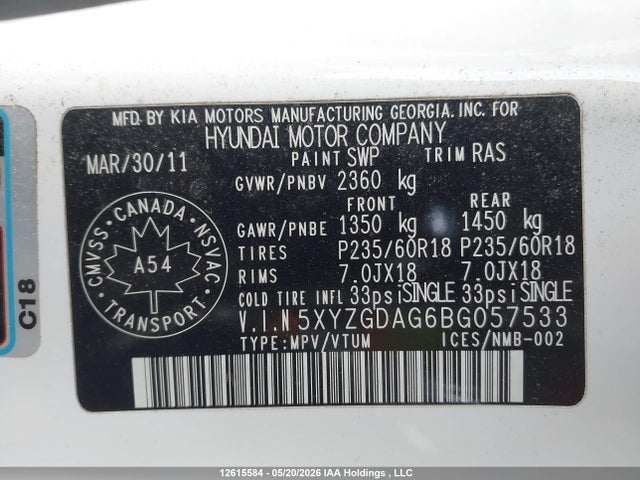 2011 Hyundai Santa Fe Gl 3.5/gl 3.5 Sport მანქანა იყიდება აუქციონზე, vin: 5XYZGDAG6BG057533, აუქციონის ნომერი: 12615584