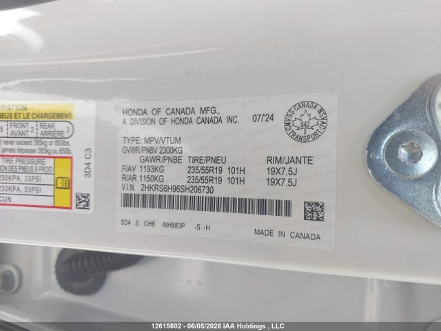2HKRS6H96SH206730 Honda Cr-v Touring Hybrid