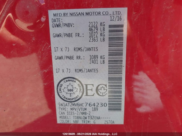 5N1AT2MV6HC764230 Nissan Rogue S/sl Platinum/sv