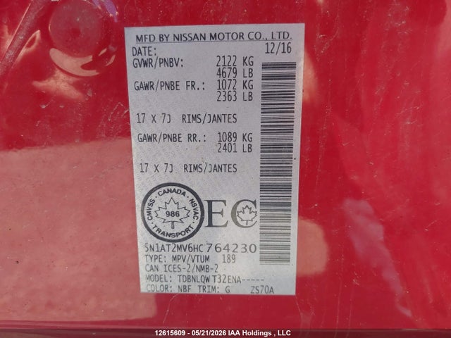5N1AT2MV6HC764230 Nissan Rogue S/sl Platinum/sv