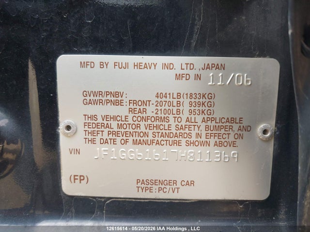 Aukcja sprzedaży 2007 Subaru Impreza 2.5 I, vin: JF1GG61617H811369, numer aukcji: 12615614