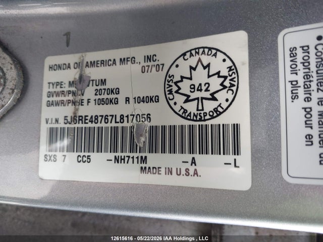 12615616 :رقم المزاد ، 5J6RE48767L817056 vin ، 2007 Honda Cr-v Exl مزاد بيع
