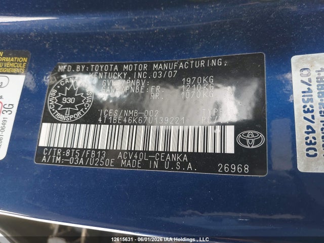 2007 Toyota Camry Ce/le/xle/se მანქანა იყიდება აუქციონზე, vin: 4T1BE46K67U139221, აუქციონის ნომერი: 12615631