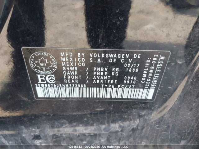 12615643 :رقم المزاد ، 3VWB67AJ5HM333968 vin ، 2017 Volkswagen Jetta Wolfsburg Edition مزاد بيع
