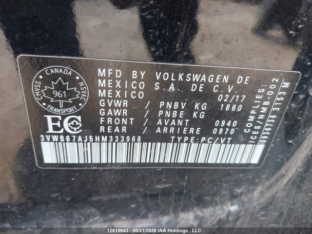 12615643 :رقم المزاد ، 3VWB67AJ5HM333968 vin ، 2017 Volkswagen Jetta Wolfsburg Edition مزاد بيع