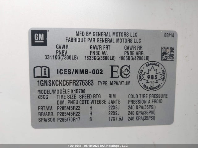 1GNSKCKC6FR276383 Chevrolet Tahoe Ltz