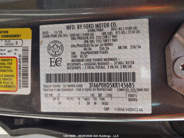 2019 Ford Fusion Se მანქანა იყიდება აუქციონზე, vin: 3FA6P0HD5KR145685, აუქციონის ნომერი: 12615650