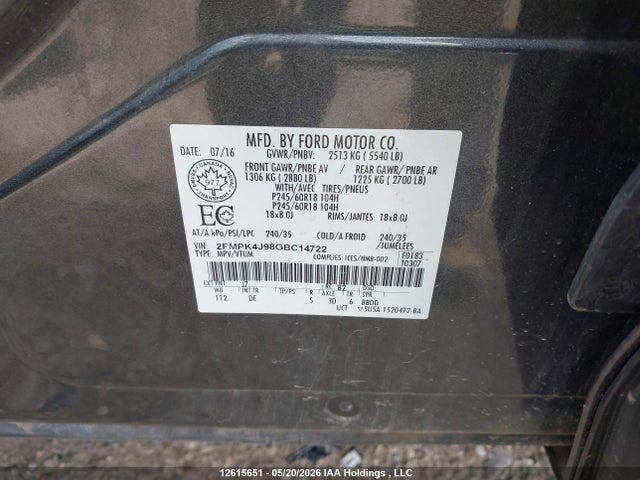 Продаж на аукціоні авто 2016 Ford Edge Sel, vin: 2FMPK4J98GBC14722, номер лоту: 12615651