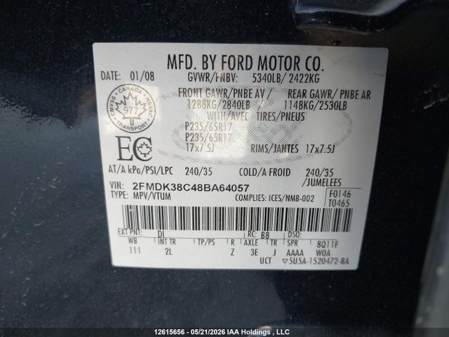 2008 Ford Edge Sel მანქანა იყიდება აუქციონზე, vin: 2FMDK38C48BA64057, აუქციონის ნომერი: 12615656