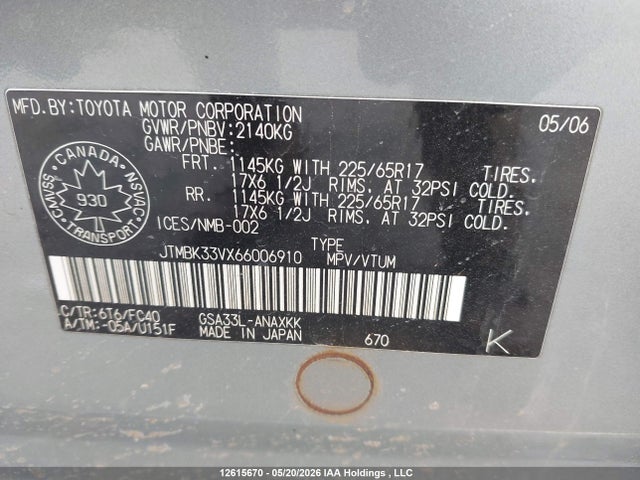 12615670 :رقم المزاد ، JTMBK33VX66006910 vin ، 2006 Toyota Rav4 مزاد بيع