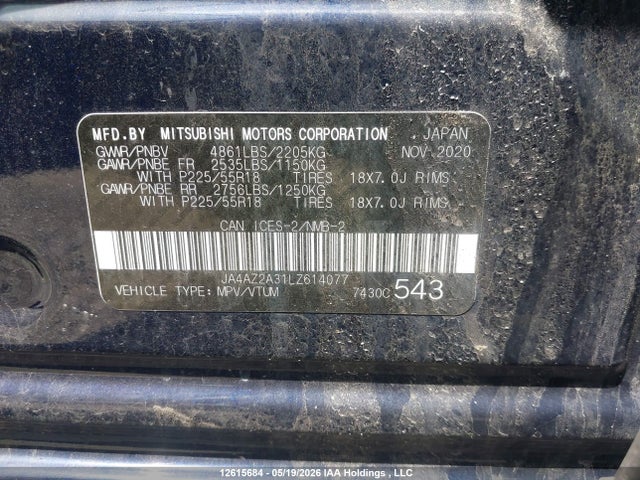 2020 Mitsubishi Outlander Es/ex/ex-l მანქანა იყიდება აუქციონზე, vin: JA4AZ2A31LZ614077, აუქციონის ნომერი: 12615684