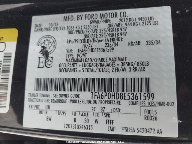 2014 Ford Fusion Se მანქანა იყიდება აუქციონზე, vin: 1FA6P0HD8E5361599, აუქციონის ნომერი: 12615688