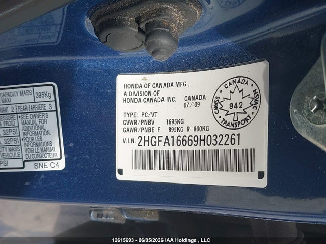 2009 Honda Civic Lx-s მანქანა იყიდება აუქციონზე, vin: 2HGFA16669H032261, აუქციონის ნომერი: 12615693
