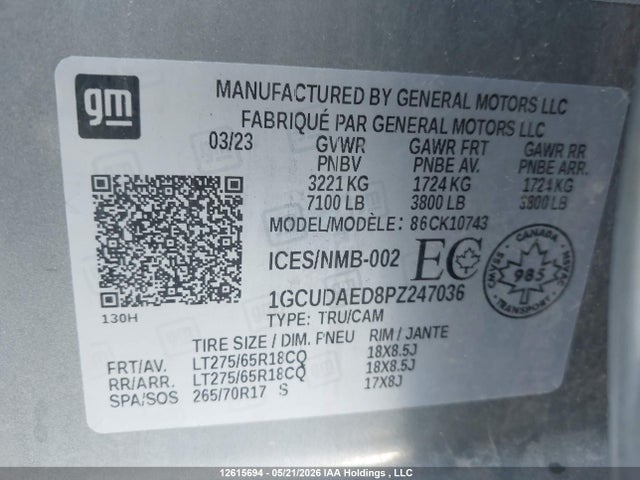 Продажа на аукционе авто 2023 Chevrolet Silverado K1500, vin: 1GCUDAED8PZ247036, номер лота: 12615694