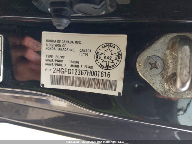 Aukcja sprzedaży 2007 Honda Civic Dx-g, vin: 2HGFG12367H001616, numer aukcji: 12615698