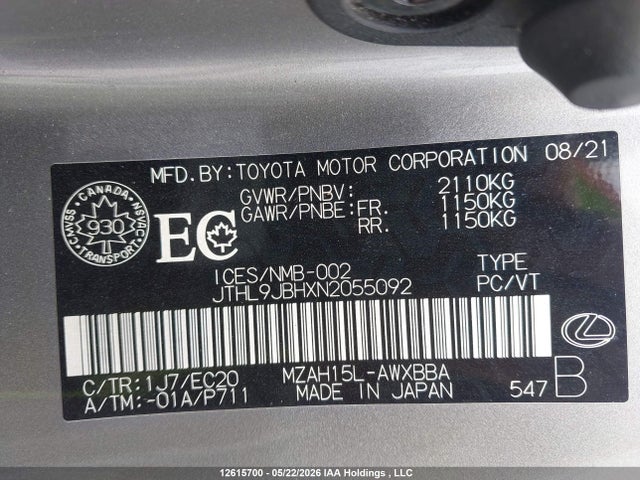 Продаж на аукціоні авто 2022 Lexus Ux 250h, vin: JTHL9JBHXN2055092, номер лоту: 12615700