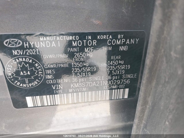 2022 Hyundai Santa Fe Luxury Plug-in Hybrid Awd მანქანა იყიდება აუქციონზე, vin: KM8S7DA21NU029756, აუქციონის ნომერი: 12615703
