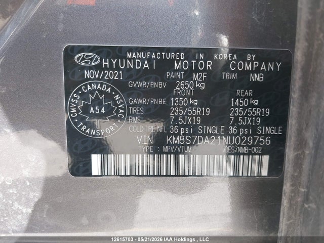 2022 Hyundai Santa Fe Luxury Plug-in Hybrid Awd მანქანა იყიდება აუქციონზე, vin: KM8S7DA21NU029756, აუქციონის ნომერი: 12615703