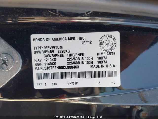Aukcja sprzedaży 2012 Honda Crosstour Ex-l, vin: 5J6TF2H50CL800463, numer aukcji: 12615729