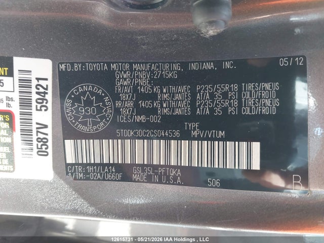 Aukcja sprzedaży 2012 Toyota Sienna, vin: 5TDDK3DC2CS044536, numer aukcji: 12615731