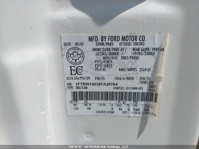12615737 :رقم المزاد ، 1FTRW14538FA26764 vin ، 2008 Ford F-150 Harley-davidson/lariat مزاد بيع