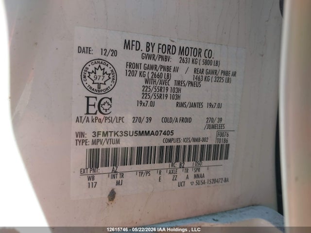 2021 Ford Mustang Mach-e Premium მანქანა იყიდება აუქციონზე, vin: 3FMTK3SU5MMA07405, აუქციონის ნომერი: 12615746