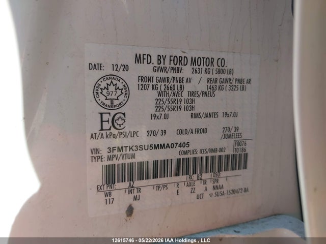 2021 Ford Mustang Mach-e Premium მანქანა იყიდება აუქციონზე, vin: 3FMTK3SU5MMA07405, აუქციონის ნომერი: 12615746