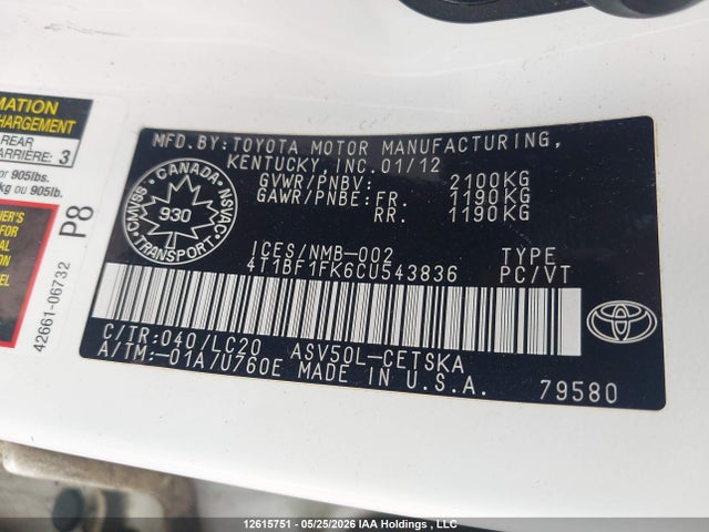 2012 Toyota Camry Se მანქანა იყიდება აუქციონზე, vin: 4T1BF1FK6CU543836, აუქციონის ნომერი: 12615751