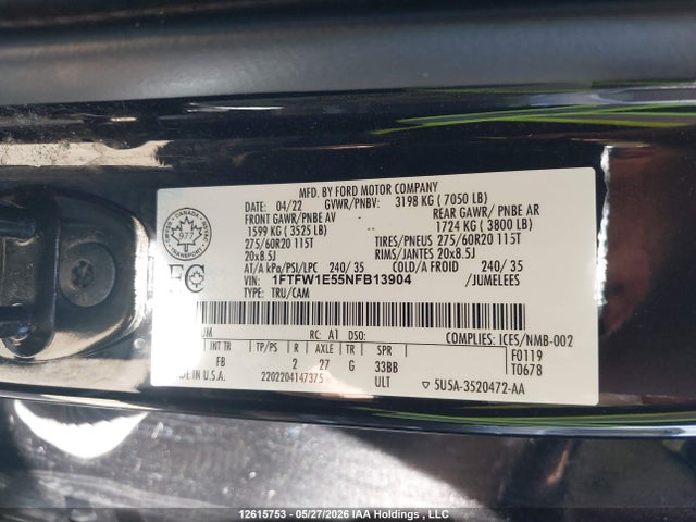 2022 Ford F-150 მანქანა იყიდება აუქციონზე, vin: 1FTFW1E55NFB13904, აუქციონის ნომერი: 12615753