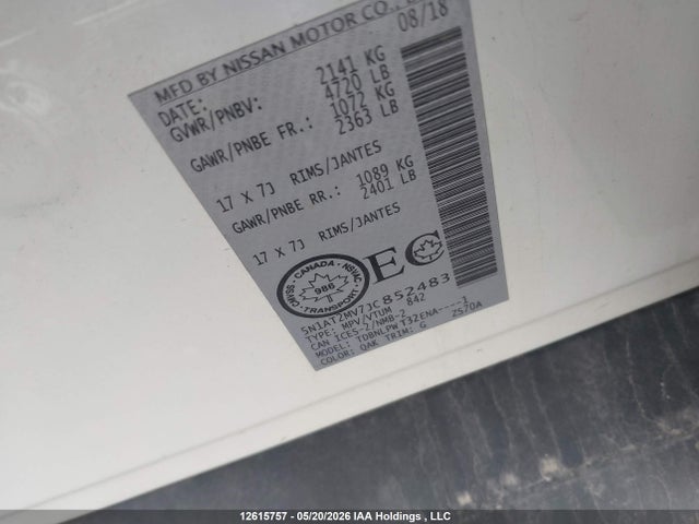 12615757 :رقم المزاد ، 5N1AT2MV7JC852483 vin ، 2018 Nissan Rogue مزاد بيع