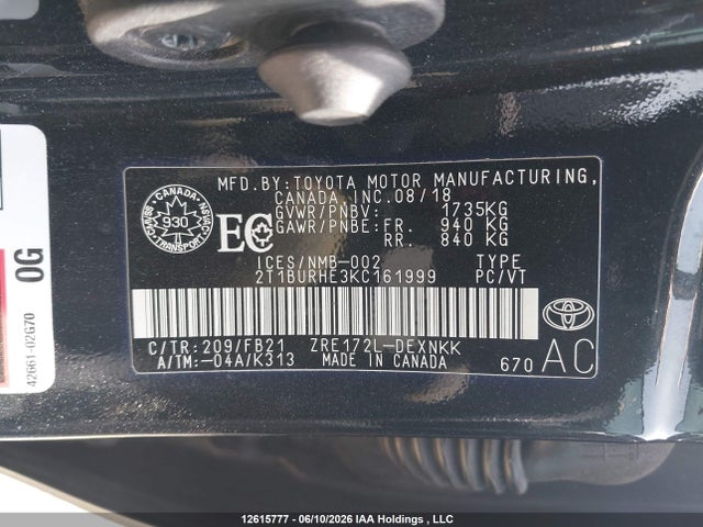2T1BURHE3KC161999 Toyota Corolla