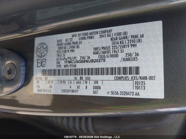 12615778 :رقم المزاد ، 1FMCU9G68NUB20270 vin ، 2022 Ford Escape Se مزاد بيع