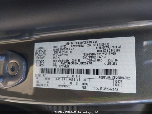 12615778 :رقم المزاد ، 1FMCU9G68NUB20270 vin ، 2022 Ford Escape Se مزاد بيع