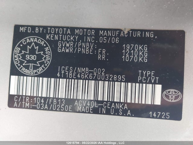 Aukcja sprzedaży 2007 Toyota Camry Le/se, vin: 4T1BE46K67U032895, numer aukcji: 12615794
