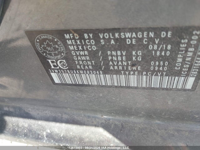 2019 Volkswagen Jetta 1.4 Tsi Execline მანქანა იყიდება აუქციონზე, vin: 3VW357BU8KM083049, აუქციონის ნომერი: 12615803