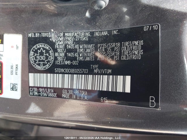 Aukcja sprzedaży 2011 Toyota Sienna Xle 7 Passenger, vin: 5TDYK3DC6BS055703, numer aukcji: 12615811