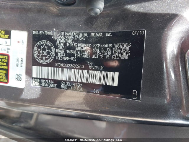 Aukcja sprzedaży 2011 Toyota Sienna Xle 7 Passenger, vin: 5TDYK3DC6BS055703, numer aukcji: 12615811