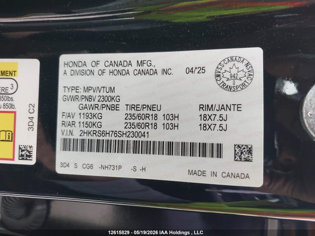 12615829 :رقم المزاد ، 2HKRS6H76SH230041 vin ، 2025 Honda Cr-v Exl مزاد بيع