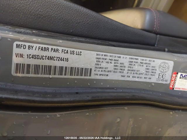 12615835 :رقم المزاد ، 1C4SDJCT4MC724416 vin ، 2021 Dodge Durango R/t مزاد بيع