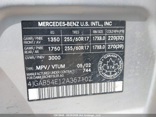 Aukcja sprzedaży 2002 Mercedes-benz Ml 320 Classic 4matic/elegance 4matic, vin: 4JGAB54E12A357102, numer aukcji: 12615845