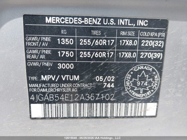 Aukcja sprzedaży 2002 Mercedes-benz Ml 320 Classic 4matic/elegance 4matic, vin: 4JGAB54E12A357102, numer aukcji: 12615845