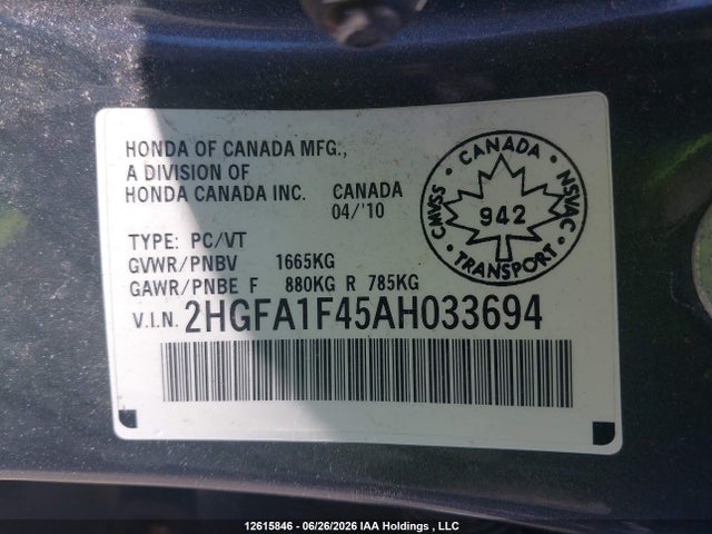 12615846 :رقم المزاد ، 2HGFA1F45AH033694 vin ، 2010 Honda Civic مزاد بيع