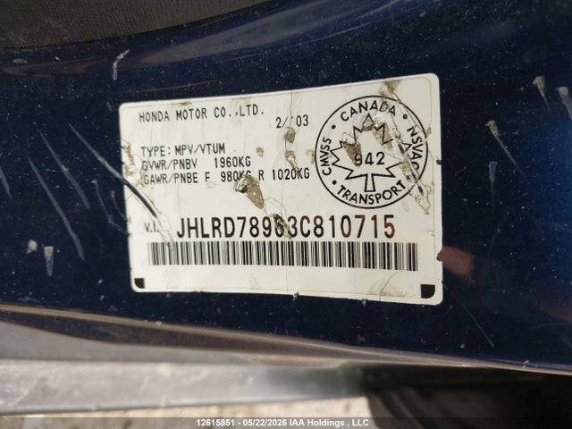 12615851 :رقم المزاد ، JHLRD78963C810715 vin ، 2003 Honda Cr-v Ex مزاد بيع