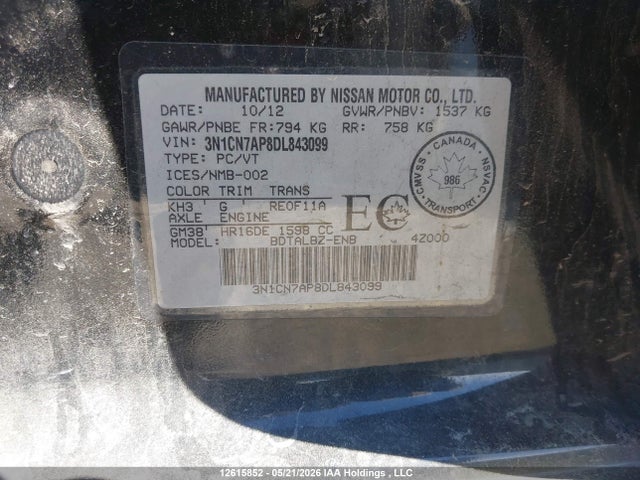Aukcja sprzedaży 2013 Nissan Versa 1.6 S/1.6 Sl/1.6 Sv, vin: 3N1CN7AP8DL843099, numer aukcji: 12615852