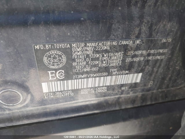 Aukcja sprzedaży 2019 Toyota Rav4, vin: 2T3RWRFV1KW005560, numer aukcji: 12615861