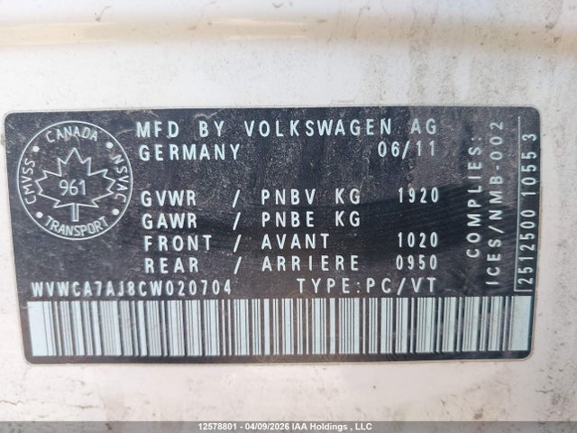 Aukcja sprzedaży 2012 Volkswagen Golf 2.5l Comfortline/2.5l Highline/2.5l Sportline/2.5l Trendline, vin: WVWCA7AJ8CW020704, numer aukcji: 12578801