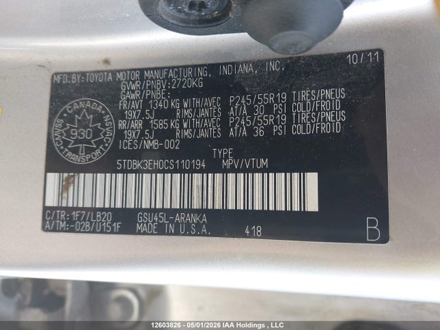 12603826 :رقم المزاد ، 5TDBK3EH0CS110194 vin ، 2012 Toyota Highlander V6 مزاد بيع