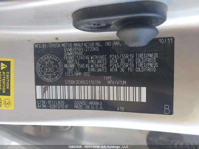 12603826 :رقم المزاد ، 5TDBK3EH0CS110194 vin ، 2012 Toyota Highlander V6 مزاد بيع