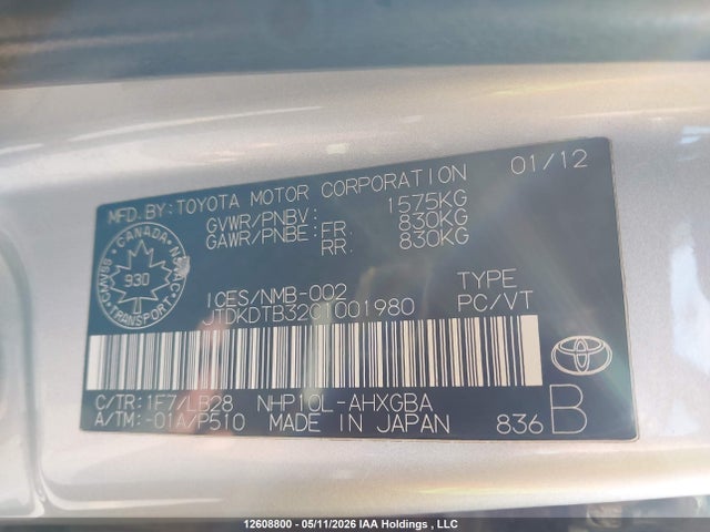 Aukcja sprzedaży 2012 Toyota Prius C Technology, vin: JTDKDTB32C1001980, numer aukcji: 12608800