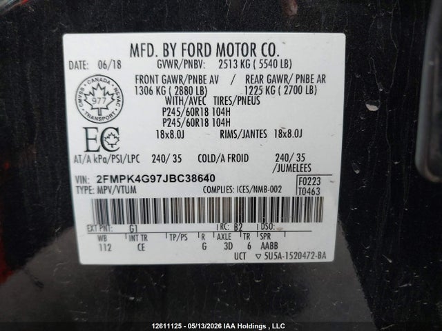 Продажа на аукционе авто 2018 Ford Edge Se, vin: 2FMPK4G97JBC38640, номер лота: 12611125